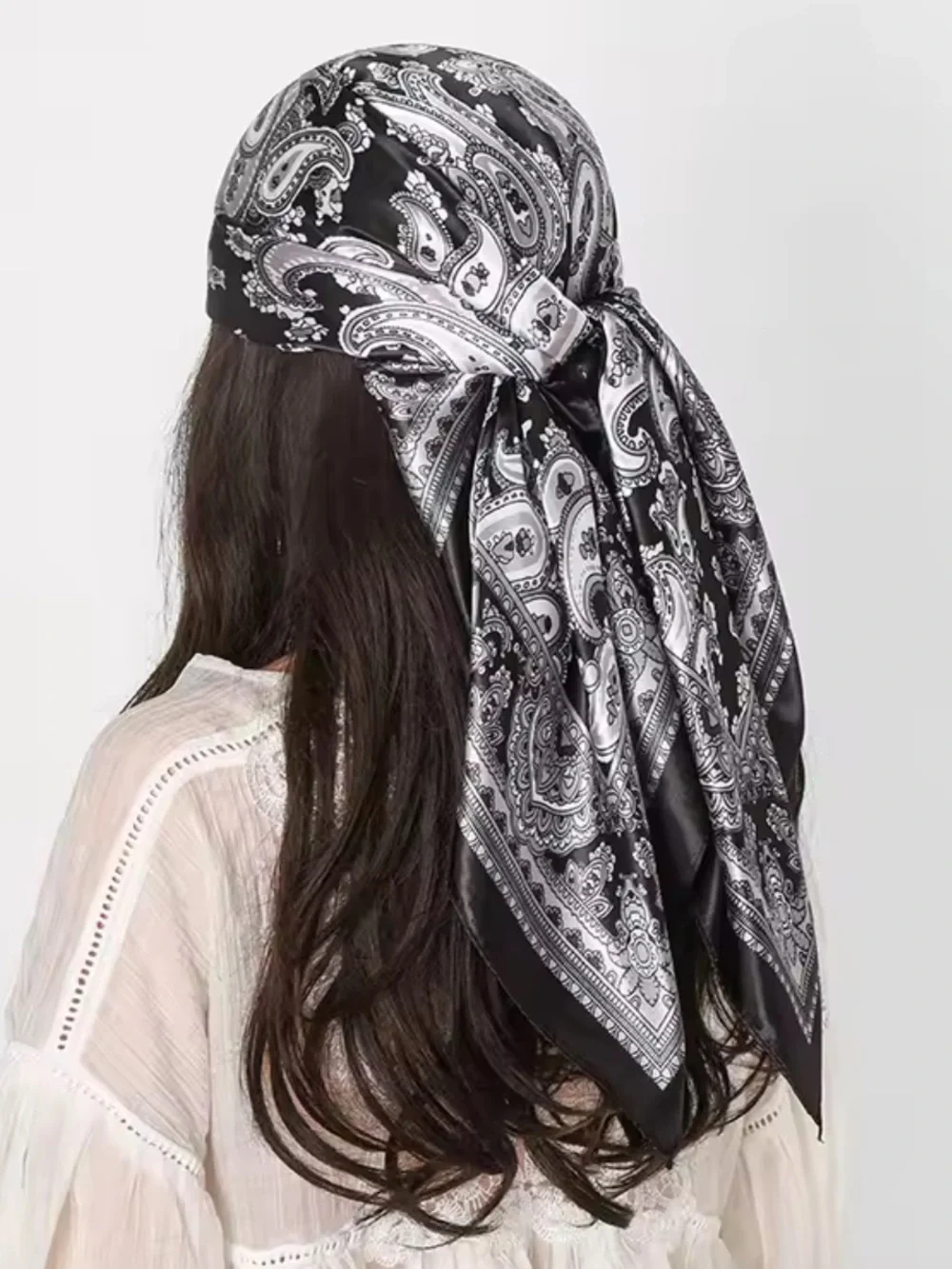 Black & White Paisley Satin Headscarf